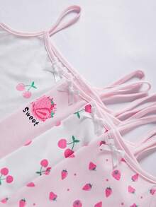 4套女童幼兒甜美水果卡通內衣套裝，包含白色櫻桃小Logo、白色滿版櫻桃印花、粉色草莓小Logo、粉色滿版草莓印花，共4款設計，主色調為白色與粉色甜美色系，清新可愛，柔軟親膚針織聚酯纖維面料，觸感滑順且垂墜感佳，舒適，每套包含1件吊帶背心和1件平口內褲，女童幼兒內衣類別，舒適針織聚酯纖維面料，可機洗（4套分開銷售） - 彩色 - 查看 7