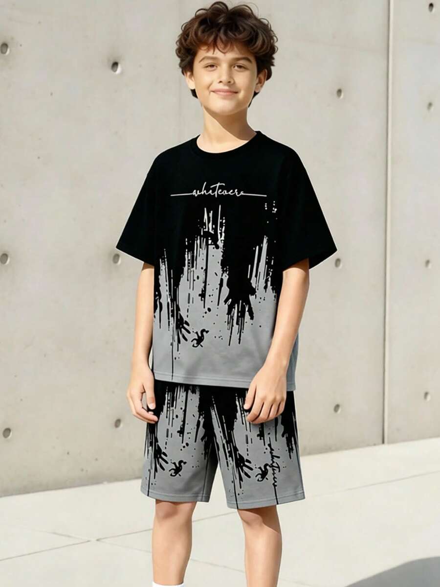 Tween Boys Digital Gradient English Graphic Short Sleeve Shirt & Shorts Set, Spring/Summer Casual Comfortable Fashion Style, Suitable For Outings - Multicolor - View 1