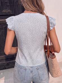 Pariaura Camisa azul con volantes de lunares negros, blusa de lunares estilizante para mujer, conjunto de verano elegante para vacaciones - Multicolor - Ver 2