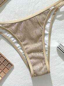 SHEIN Swim 夏季海灘女款兩件式比基尼泳衣套裝，特殊金線紋理布料，迷你罩杯雙肩帶上衣，雙繩三角泳褲，性感海邊度假泳裝 - 香檳色 - 查看 4