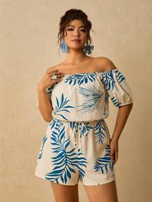 SHEIN VCAY Plus Size Striped & Printed Belted Batwing Sleeve Jumpsuit With Front Button - Blue - View 6