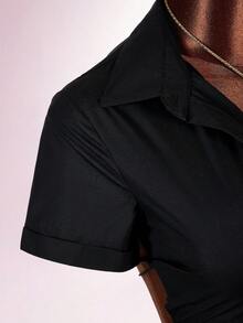 Amplova Casual Sexy 2026 New Front Ruched Design Back Lace-Up Open Back Cropped Shirt - Black - View 6