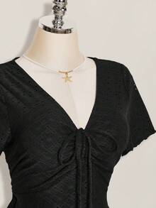 SHEIN ICON Plus Size Women's Solid Color Front Tie Short Sleeve Jacquard Knit Dress Date Night Black Summer Cute Vacation Wedding Guest Fairy Kawaii Whimsical - Black - View 6