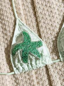 Swim SXY Setelan Baju Renang Dua Potong Wanita untuk Liburan Pantai, Musim Semi dan Musim Panas, Warna-warni Kuning Angsa, Kain Bertekstur, Hiasan Bintang Laut, Celana Panjang Lurus, Leher Halter, Tali Pengikat - Mint Green - View 4