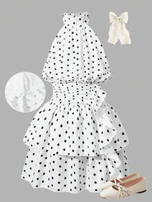 SHEIN Nuova tuta estiva a pois con collo all'americana senza maniche, elegante abito con vita stretta, volant, schiena scoperta e fiocco, gonna-pantalone per ragazze - Bianco - Visualizzare 6