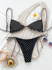 Swim Mod 2026新款大尺碼時尚比基尼套裝，可愛圓點與條紋女款泳衣，適合夏季海灘，歐美風格 - 黑與白 - 查看 2