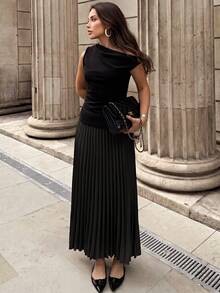 Firerie Falda plisada de unicolor para uso diario negro verano para mujer - Negro - Ver 4