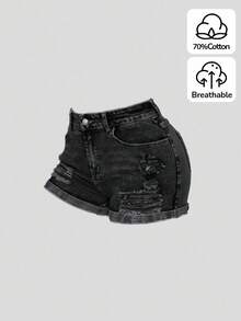 SHEIN Girlism 少女做旧斜插口袋休闲修身牛仔短裤 - 黑色 - 查看 5