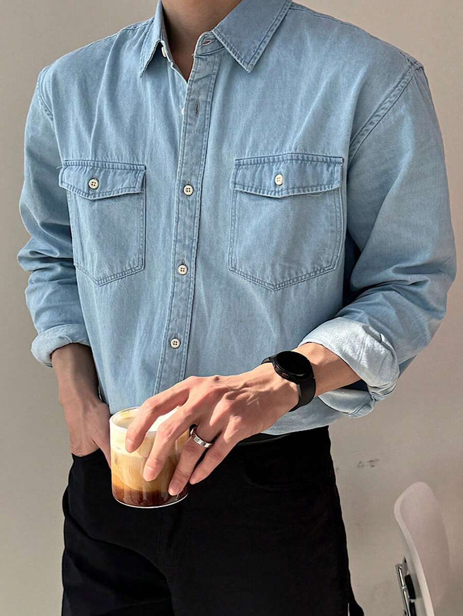 DAZY 男士單排扣休閒百搭日常穿著襯衫 - 藍色 - 查看 1