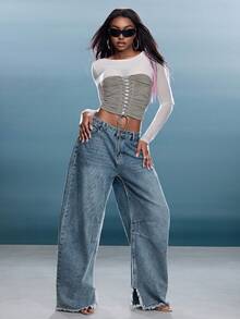 Denimoi Mesh Long Sleeve Top With Lace Up Corset Detail Sexy Tops Sheer Tops Concert Outfits GNO - Grey - View 11