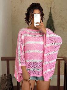 Travachic Sweater Lengan Kelelawar Berlubang Warna Polos Ukuran Besar Modis untuk Wanita, Pakaian Musim Gugur dan Musim Dingin - Berwarna merah muda - View 3