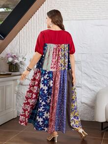Lacomfia Women's Spring/Summer Casual Boho Vacation Loose Ditsy Floral Short Sleeve Plus Size Dress Red Wedding Guest - Multicolor - View 2
