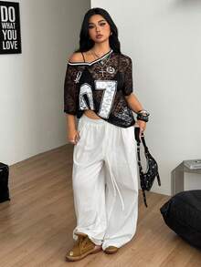 Coolane 女款大尺碼夏秋街頭風性感牛仔風外訪夜生活度假早午餐海灘 Y2K 蕾絲數字圖案針織 T 恤 黑白配色 - 黑色 - 查看 5