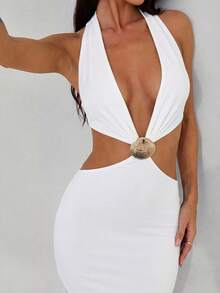 Aloruh Robe longue ajustée pour femmes, décolleté plongeant, décoration de coquillage en métal, dos nu, pour vacances à la plage, bleue - Blanc - Voir 6