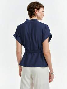 Aalyst Women's Spring/Summer Commute Single-Thread Bamboo Linen Solid Color V-Neck Pleated Dropped Shoulder Cuffed Short Sleeve Blouse - Navy Blue - View 2