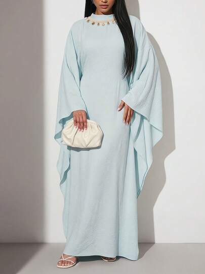 Veilorie Women's Baby Blue Loose Flowy Dress, Casual Elegant Modest Resort Style, Spring/Autumn Dining Garden Party