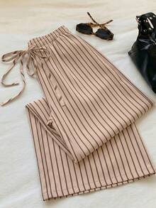 SHEIN EZwear Women's Casual Waist Tie Straight Leg Pants Suitable For Summer - Multicolor - View 2