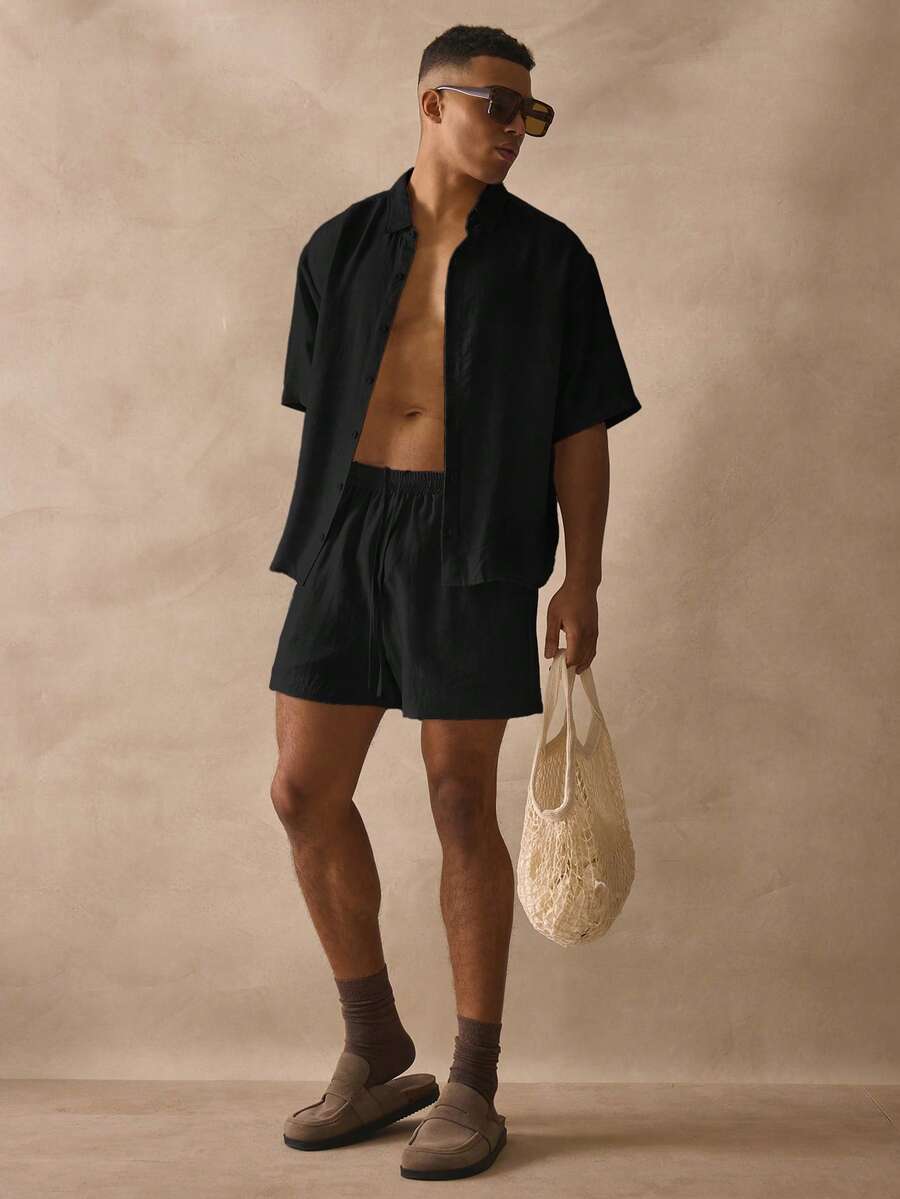 Musero Mid Length Bermuda Style Elasticated Drawstring Waistband Linen Shorts Spring Summer Essentials - Black - View 1