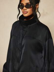 MISSGUIDED X Carli Bybel Oversized Satin Bomber Jacket With Stand Collar Half-Zip Closure And Balloon Sleeves For Fall Winter - Black - View 7