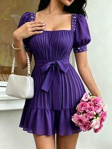 Modelyn Purple Square Neck Pearl Decor Lace-Up Waist Puff Short Sleeve Pleated Textured Fabric Women's Short Dress Dinner Date Deep Purple Summer Elegant - Purple - View 4