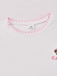 Casuvi Kids Casuvi 青少年女孩 T-Shirt 1 件，彈性針織舒適面料套頭圓肩 T-Shirt，卡通熊印花裝飾，領口與袖口定位印花仿貝殼設計，適合春夏日常休閒穿著 - 白色 - 查看 5