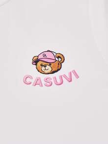 Casuvi Kids Casuvi 青少年女孩 T-Shirt 1 件，彈性針織舒適面料套頭圓肩 T-Shirt，卡通熊印花裝飾，領口與袖口定位印花仿貝殼設計，適合春夏日常休閒穿著 - 白色 - 查看 8