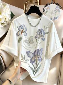 GlowEve Women's Round Neck Faux Pearl Decorated Floral Butterfly Embroidered Pattern Casual Versatile Daily Outing T-Shirt - White - View 4
