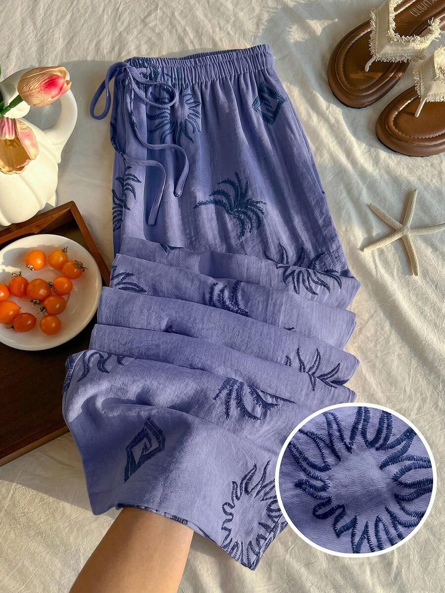 Comfortcana 夏季素色紋理皺褶面料寬鬆抽繩綁帶休閒度假大碼寬腿褲 - 藍色 - 查看 1