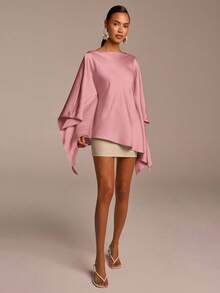 COSMINA 女款優雅不對稱下擺灰粉色緞面長袖上衣 素色 婚禮賓客 度假 休閒 派對 秋季 - 粉色 - 查看 3