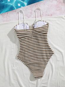 SHEIN Swim Women's New Striped U-Neck One-Piece Swimsuit - Brown - View 6