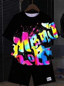 SHEIN 2件組青少年男孩休閒日常百搭舒適印花圓領寬鬆短袖T恤與短褲針織套裝，大尺寸T恤，男孩大尺寸T恤 - 彩色 - 查看 7