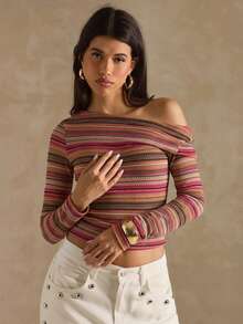 SHEIN BAE 女款休閒條紋不對稱領口T恤 - 彩色 - 查看 6