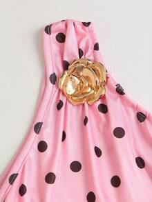 Sweetra Women's Polka Dot Print Pleated Metallic Decor Summer Dress - Pink - View 3