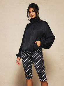 MISSGUIDED X Carli Bybel Oversized Satin Bomber Jacket With Stand Collar Half-Zip Closure And Balloon Sleeves For Fall Winter - Black - View 5