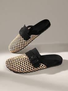 Solecia Women's Shoes Spring And Summer New Holiday Style Woven Mat Net, Buckle Decoration, Round Toe Design, Slip-On Heel, Comfortable And Simple Vacation, Women's Flat Shoes, Essential For Commuting, Casual Versatile, Dating Travel, Afternoon Tea - Black - View 6