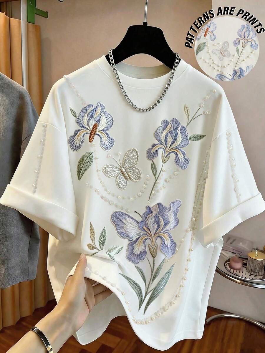GlowEve Women's Round Neck Faux Pearl Decorated Floral Butterfly Embroidered Pattern Casual Versatile Daily Outing T-Shirt - White - View 1