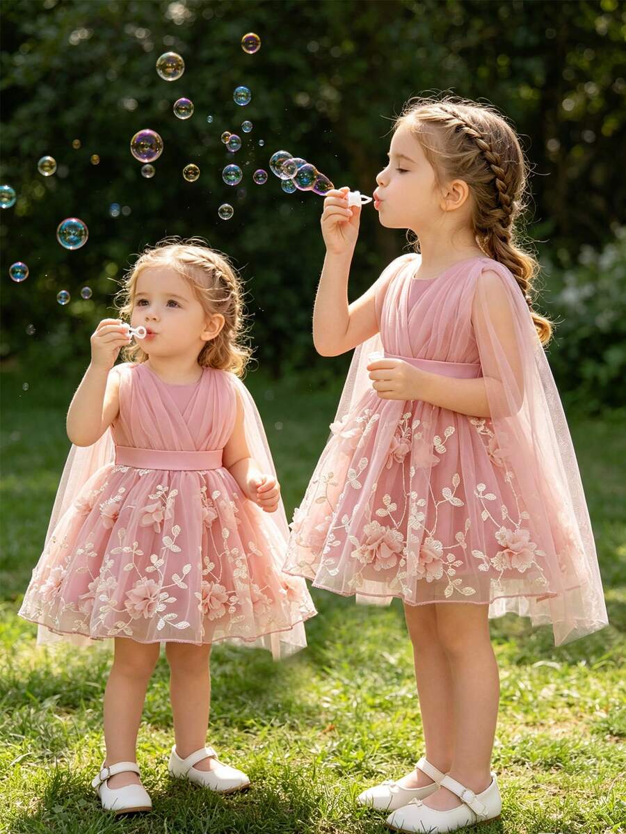 SHEIN Glamorique Kids 香檳色刺繡網紗女嬰公主禮服裙,附3D花朵與披肩,婚禮花童晚宴派對生日正式洋裝 - 藕粉色 - 查看 1