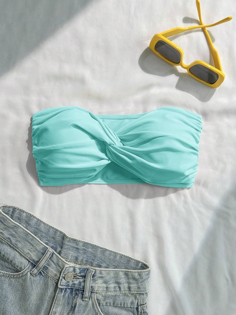 Swim Basics Vacation Beach Solid Color Twisted Bandeau Swimsuit Top - Mint Green - View 1