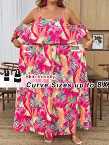 SHEIN CURVE+ 适合大码女性夏季度假穿着的露肩长款波西米亚风印花连衣裙 - 彩色 - 查看 1