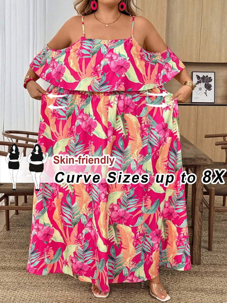 SHEIN CURVE+ 适合大码女性夏季度假穿着的露肩长款波西米亚风印花连衣裙 - 彩色 - 查看 1