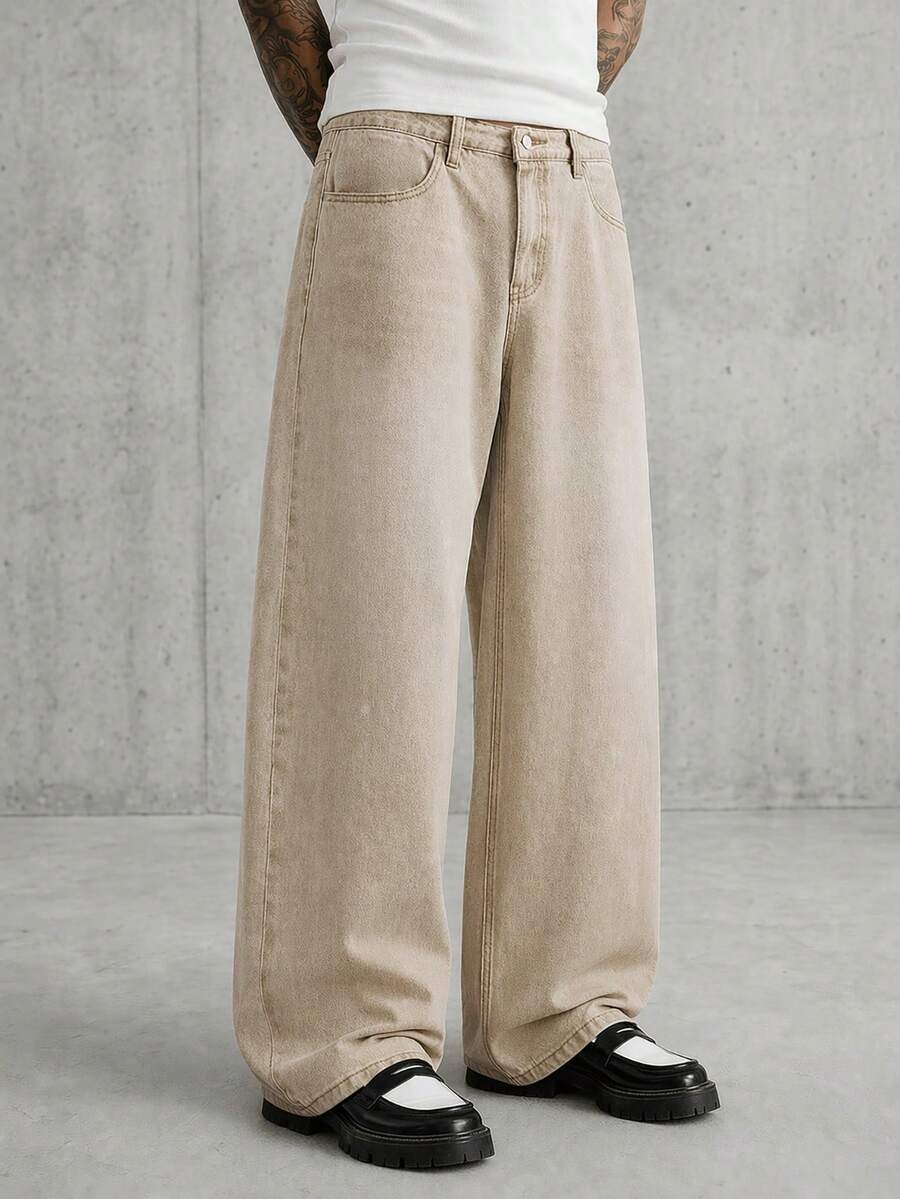 AXEPEAK Men's Solid Color Casual Jeans - Khaki - View 1