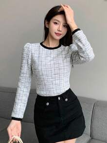DAZY 春夏圓領黑色對比飾邊長袖修身格紋粗花呢女款T恤 - 灰色 - 查看 5