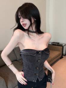 DAZY 夏季修身性感破洞水洗牛仔上衣 女款 Y2K 風格 - 黑色 - 查看 6