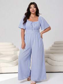 SHEIN EZwear 藍色休閒女款大尺碼條紋前綁帶短袖連身褲 - 彩色 - 查看 3