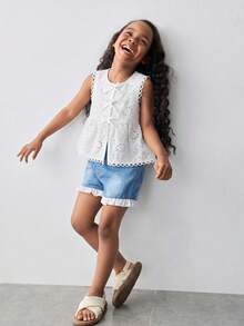Maija Kids Maija Kids 少女白色休閒圓領花卉飾邊細節背心上衣，夏季無袖女童上衣，少女女童服飾夏季襯衫上衣 - 白色 - 查看 5