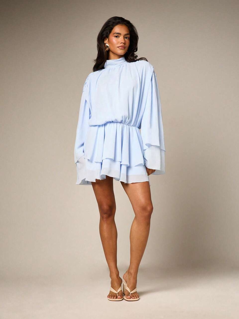 AiiRZ High Neck Tiered Mini Dress With Bell Sleeves