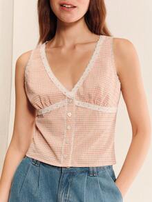 lacRébo Pink Plaid Lace Trim Sleeveless Top, Deep V-Neck Front Button Design - Pink - View 5