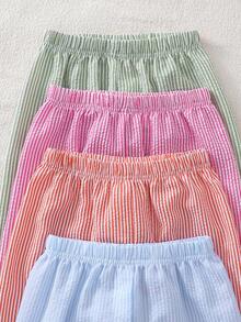 1 Set Randomly Sent Girls Toddler Multiple Colors Rose Pink Blue Green Orange Bubble Vertical Stripe Round Neck Pleated A-Line Tank Top With Bow Long Pants Set - Multicolor - View 5