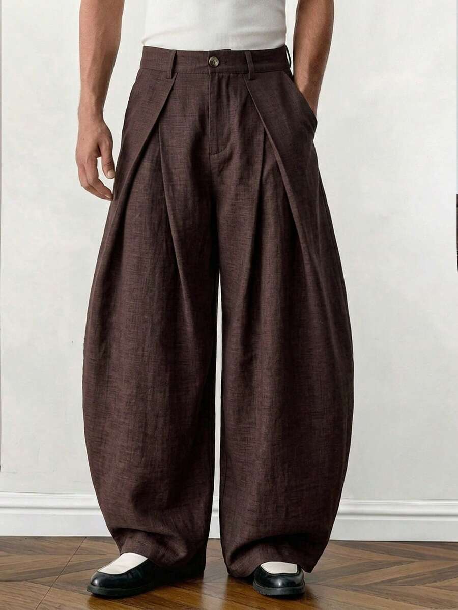 SWAVVY Men's Woven Solid Color Pocket Button Pleated Loose Long Pants - Redwood - View 1