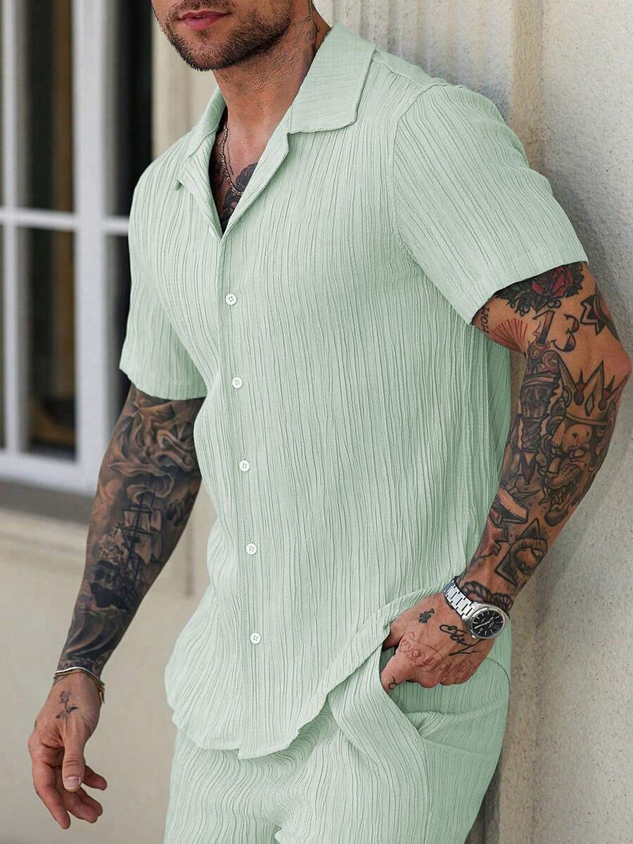 Manfinity Homme Camisa casual de manga corta de un solo pecho de unicolor para hombre, ceremonia - Verde - Ver 1